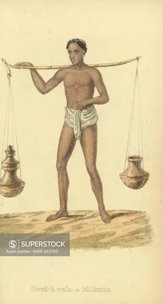 Doodhwala or Indian milkman, in loincloth, with earthenware vessels. Handcoloured copperplate engraving by an unknown artist from "Asiatic Costumes," Ackermann, London, 1828.