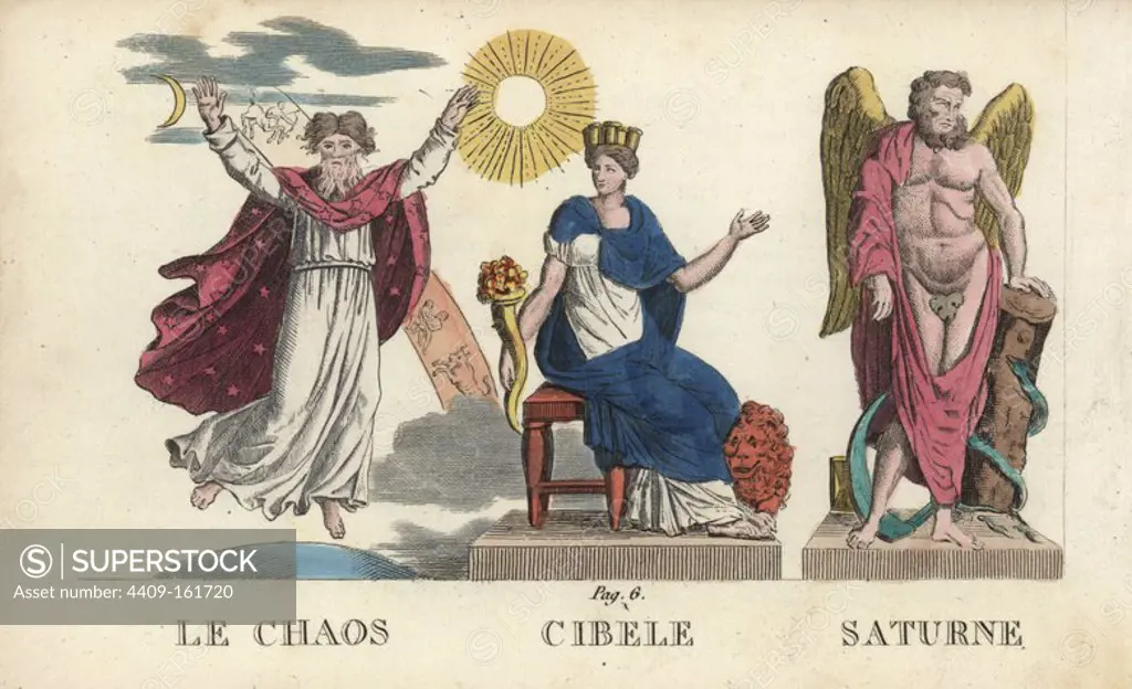 Chaos, Cybele or Rhea, and Saturn, Roman gods of creation, great mother and time. Handcoloured copperplate engraving engraved by Jacques Louis Constant Lacerf after illustrations by Leonard Defraine from "La Mythologie en Estampes" (Mythology in Prints, or Figures of Fabled Gods), Chez P. Blanchard, Paris, c.1820.