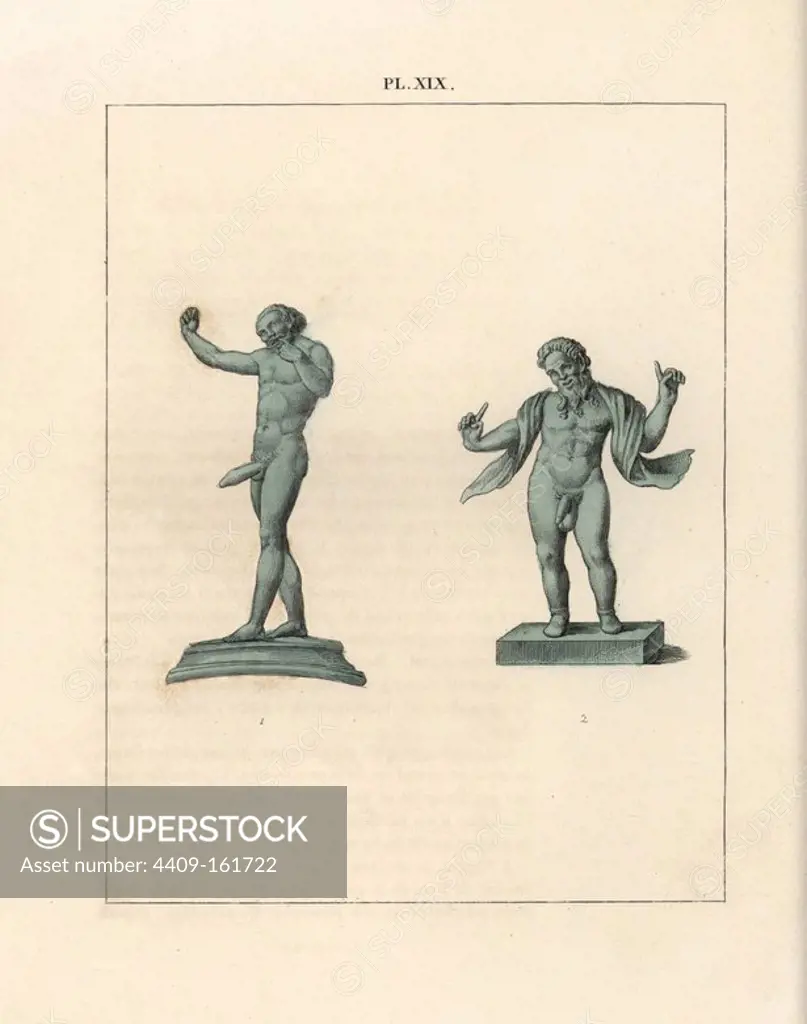 Bronze figures of mimic buffoons from Pompeii, one naked with a huge penis obscenely gesturing ("making the fig") and the other wearing a shawl extending his index fingers like cuckold horns. Handcoloured lithograph from Cesar Famin's "Musee royal de Naples (The Royal Museum at Naples)," Abel Ledoux, Paris, 1836. This rare volume is a catalog of the collection of erotic paintings, bronzes and statues excavated in Pompeii and Herculaneum and stored in a Secret Cabinet at Naples.
