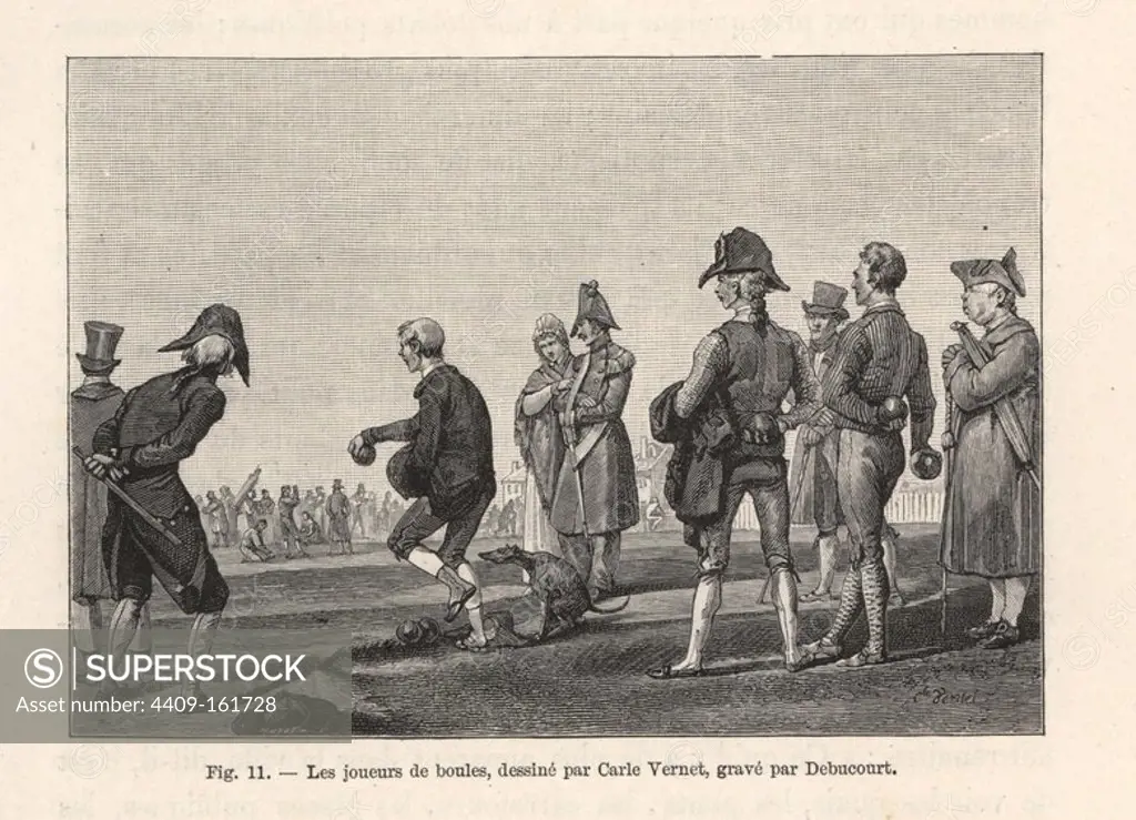 Parisians playing a game of boules, circa 1800, in a park with soldiers and other men watching. Illustration drawn by Carle Vernet, woodcut by Debucourt from Paul Lacroix's "Directoire, Consulat et Empire," Paris, 1884.
