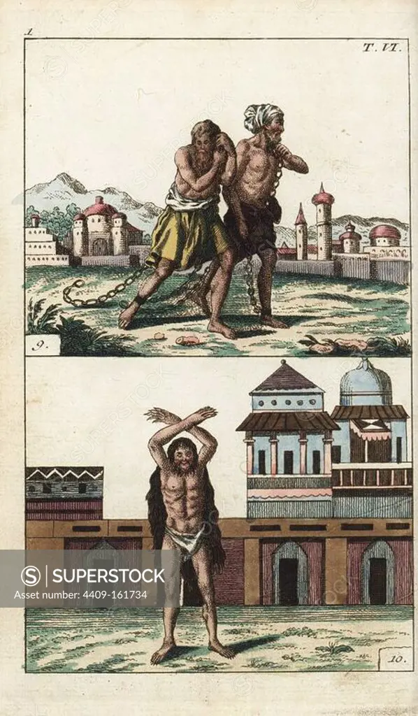 Punishments: men carrying tremendously heavy chains, and a man forced to maintain an unnatural position. Handcolored copperplate engraving from G. T. Wilhelm's "Encyclopedia of Natural History: Mankind," Augsburg, 1804. Gottlieb Tobias Wilhelm (1758-1811) was a Bavarian clergyman and naturalist known as the German Buffon.