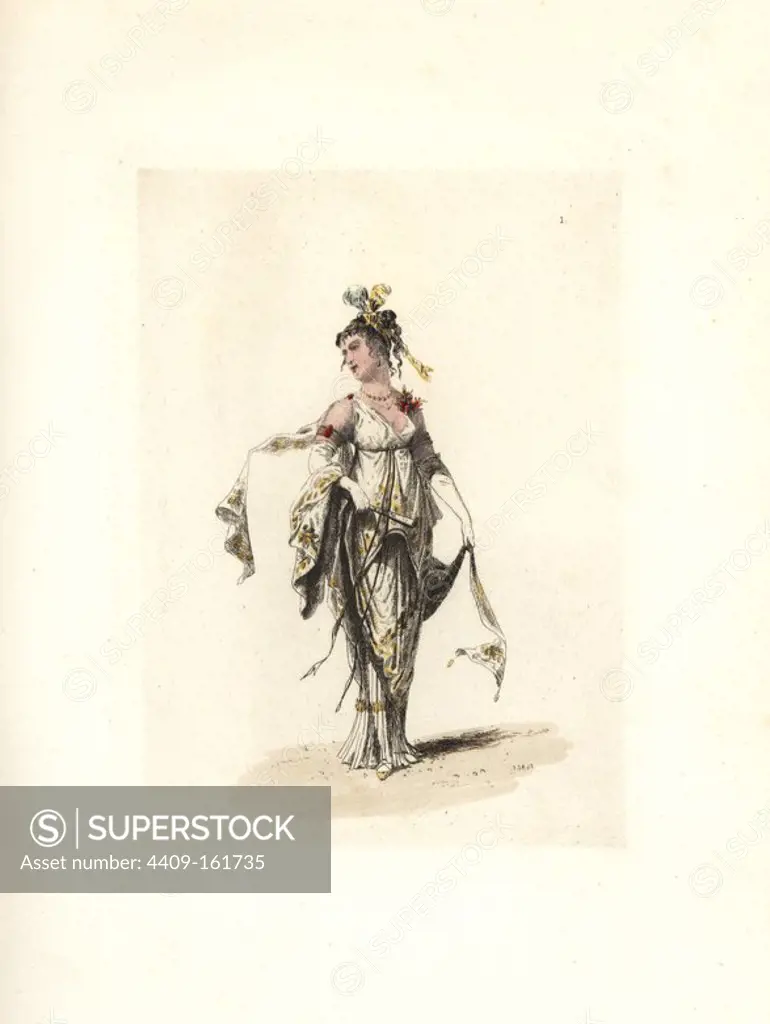 Costume of the merveilleuse Lodoiska, who promenaded in the Jardin Egalite, Paris. She wears a diaphanous tunic of gauze decorated with gold stars, plumed headdress, and carries a royalist fan. Handcoloured etching by Auguste Etienne Guillaumot Jr. from "Costumes of the Directory," Rouquette, Paris, 1875. The etchings were made from designs by Eugene Lacoste and Draner after prints of the era 1795-99. The costumes are from theatre productions "Merveilleuses" and "Pres Saint-Gervais" by Victorien Sardou.