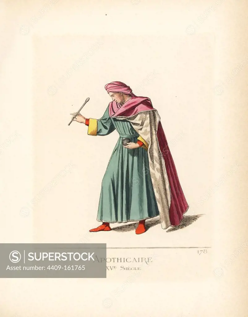 Costume of the Florentine apothecary, Matteo di Marco Palmieri, 15th century. He wears a crimson turban and cape, lined with white fur, green robe with yellow lining, and red shoes. He holds a mortar and pestle. Physicians and apothecaries had the right to wear ermine and squirrel fur. From a painting by Domenico Bartoli in Siena hospital.