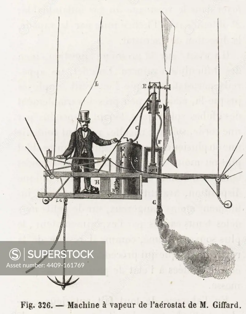 Henry Giffard with his steam-powered motor on his dirigible balloon, 1852. Woodblock engraving from Louis Figuier's "Les Merveilles de la Science: Aerostats" (Marvels of Science: Air Balloons), Furne, Jouvet et Cie, Paris, 1868.