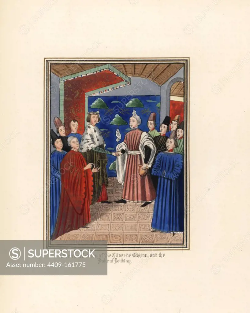 The reconciliation of Sir Oliver de Clisson and John de Montfort, Duke of Brittany, 1397. Handcoloured lithograph after an illuminated manuscript from Sir John Froissart's "Chronicles of England, France, Spain and the Adjoining Countries, from the Latter Part of the Reign of Edward II to the Coronation of Henry IV," George Routledge, London, 1868.