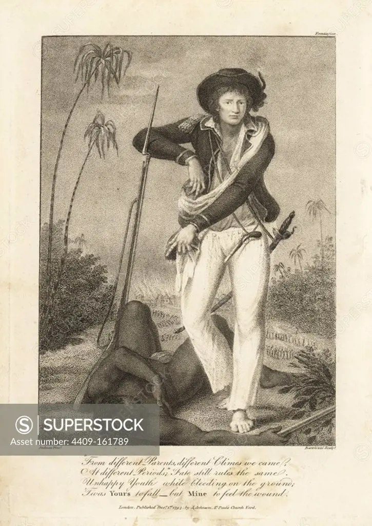 Stedman, in Scots Brigade uniform with musket, standing over the body of a slain Maroon after the capture of Gado Saby. Copperplate engraving by Francesco Bartolozzi after an original illustration by Captain John Gabriel Stedman from his "Narrative of a Five Years' Expedition against the Revolted Negroes of Surinam," J. Johnson, London, 1813.