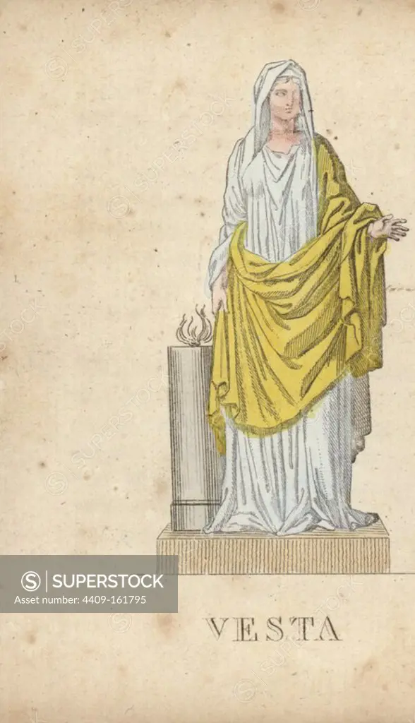 Vesta, Roman goddess of the hearth, standing next to an altar with sacred flame. Handcoloured copperplate engraving engraved by Jacques Louis Constant Lacerf after illustrations by Leonard Defraine from "La Mythologie en Estampes" (Mythology in Prints, or Figures of Fabled Gods), Chez P. Blanchard, Paris, c.1820.