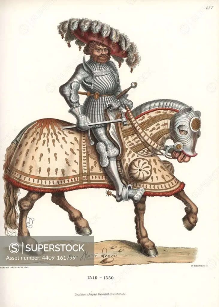 Knight in suit of decorated plate armour on caparisoned horse, early 16th century. He wears a feather beret instead of a helmet, carries a battle hammer, and has a brooch with a naked woman on his belt. From an oil painting signed M.K., which may be the artist or the knight. Chromolithograph from Hefner-Alteneck's "Costumes, Artworks and Appliances from the Middle Ages to the 17th Century," Frankfurt, 1889. Illustration by Dr. Jakob Heinrich von Hefner-Alteneck, lithographed by C. Regnier. Dr. Hefner-Alteneck (1811 - 1903) was a German museum curator, archaeologist, art historian, illustrator and etcher.