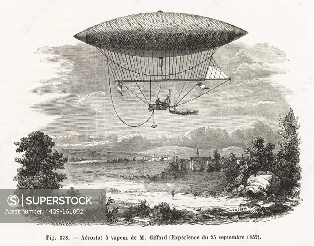 Henry Giffard's steam-powered dirigible balloon, 1852. Woodblock engraving by Marchand after L. Guiguet from Louis Figuier's "Les Merveilles de la Science: Aerostats" (Marvels of Science: Air Balloons), Furne, Jouvet et Cie, Paris, 1868.