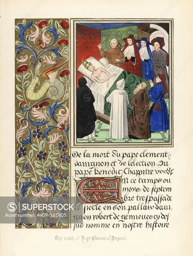The death of Robert of Geneva, Antipope Clement VII, and the election of Antipope Benedict XIII, 1394. Deathbed surrounded by clerics and courtiers. Illuminated panel with dragon in a snail's shell, foliage and flowers. Handcoloured lithograph after an illuminated manuscript from Sir John Froissart's "Chronicles of England, France, Spain and the Adjoining Countries, from the Latter Part of the Reign of Edward II to the Coronation of Henry IV," George Routledge, London, 1868.