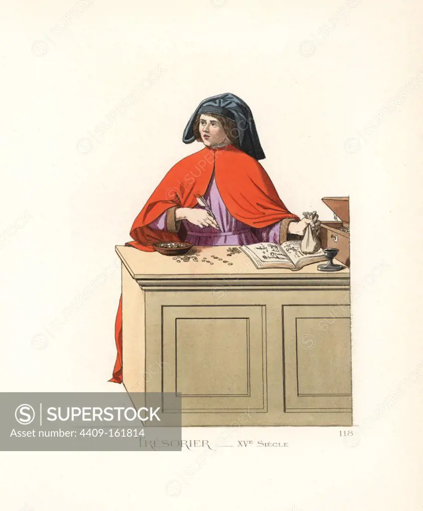 Costume of an Italian accountant or treasurer, 15th century. He wears a black velvet hood, a red cape over a lilac robe trimmed with fur, and holds a feather pen. On the table are ledgers, money bags and coins. From a miniature painting by Piero della Francesca. Handcoloured illustration drawn and lithographed by Paul Mercuri with text by Camille Bonnard from "Historical Costumes from the 12th to 15th Centuries," Levy Fils, Paris, 1861.