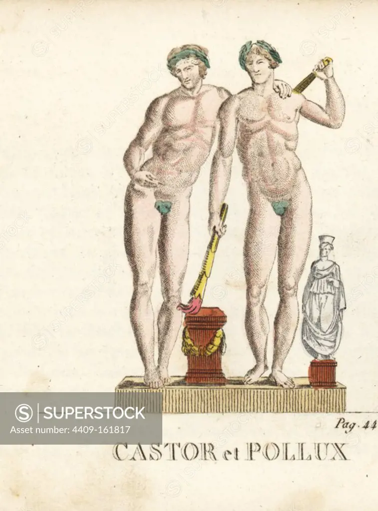 Castor and Pollux, Greek and Roman twin gods or Dioskouri, shown with torches, garlands and figleaves. Handcoloured copperplate engraving engraved by Jacques Louis Constant Lacerf after illustrations by Leonard Defraine from "La Mythologie en Estampes" (Mythology in Prints, or Figures of Fabled Gods), Chez P. Blanchard, Paris, c.1820.