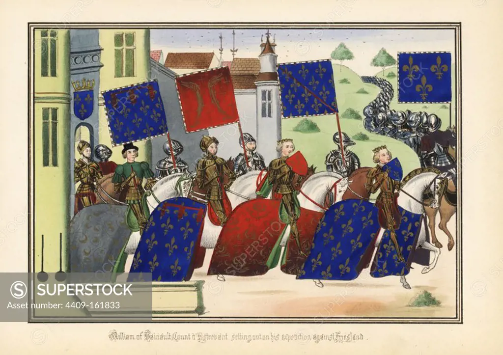 William of Hainault, Count d'Ostrevant, setting out on his expedition to recapture Friesland, 1396. William rides out of a castle, accompanied by his herald with banner, with his knights in armour. Handcoloured lithograph after an illuminated manuscript from Sir John Froissart's "Chronicles of England, France, Spain and the Adjoining Countries, from the Latter Part of the Reign of Edward II to the Coronation of Henry IV," George Routledge, London, 1868.