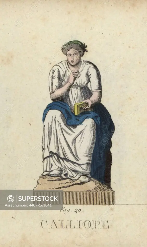 Calliope, Greek muse of epic poetry, with wreath and writing tablet. Handcoloured copperplate engraving engraved by Jacques Louis Constant Lacerf after illustrations by Leonard Defraine from "La Mythologie en Estampes" (Mythology in Prints, or Figures of Fabled Gods), Chez P. Blanchard, Paris, c.1820.