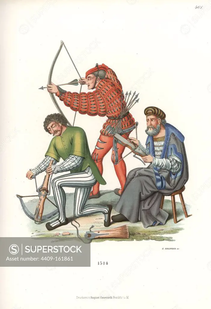 Medieval archers with crossbow and long bow from the early 16th century. Behind them, their seated officer loads an arrow into a crossbow. From an oil painting on an altar piece door at St. Elisabeth's church, Marburg. Chromolithograph from Hefner-Alteneck's "Costumes, Artworks and Appliances from the Middle Ages to the 17th Century," Frankfurt, 1889. Illustration by Dr. Jakob Heinrich von Hefner-Alteneck, lithographed by C. Regnier. Dr. Hefner-Alteneck (1811 - 1903) was a German museum curator, archaeologist, art historian, illustrator and etcher.