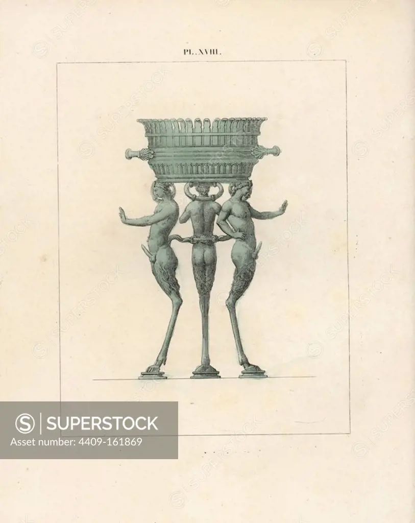 Bronze tripod with three satyrs with erect phalluses and extended left hands to keep away the profane. Handcoloured lithograph from Cesar Famin's "Musee royal de Naples (The Royal Museum at Naples)," Abel Ledoux, Paris, 1836. This rare volume is a catalog of the collection of erotic paintings, bronzes and statues excavated in Pompeii and Herculaneum and stored in a Secret Cabinet at Naples.