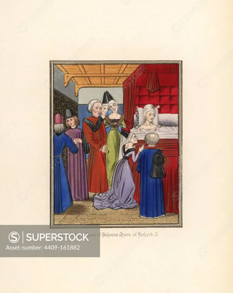 The death of Anne of Bohemia, queen of Richard II, daughter of emperor Charles IV, aged 28, 1394. She lies on a canopied bed surrounded by ladies in waiting, courtiers and clergy. Handcoloured lithograph after an illuminated manuscript from Sir John Froissart's "Chronicles of England, France, Spain and the Adjoining Countries, from the Latter Part of the Reign of Edward II to the Coronation of Henry IV," George Routledge, London, 1868.