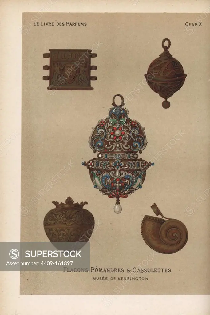 Flacons, pomanders and cassolettes, small containers for perfume and ambergris. Chromolithograph from Eugene Rimmel's Le Livre des Parfums, Paris, 1870.