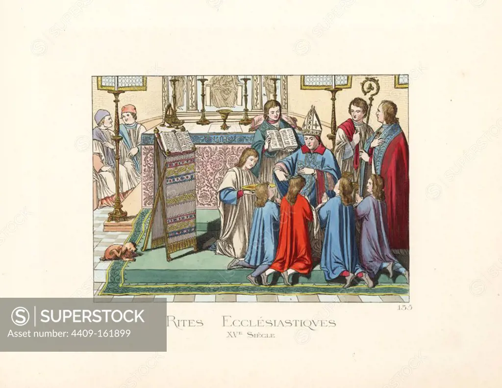 Ecclesiastical rite of tonsure, 15th century. Bishop in mitre, chasuble, dalmatic, alb and maniple, novices accepting the tonsure (haircut) in surtout and stockings. From a manuscript in the Ottobon collection of the Vatican library. Handcoloured illustration drawn and lithographed by Paul Mercuri with text by Camille Bonnard from "Historical Costumes from the 12th to 15th Centuries," Levy Fils, Paris, 1861.