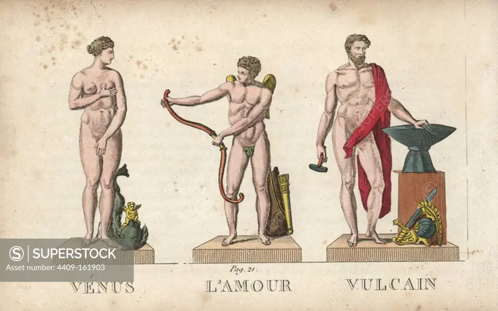 Venus, Cupid and Vulcan, Roman gods and goddess of love, and the forge. Handcoloured copperplate engraving engraved by Jacques Louis Constant Lacerf after illustrations by Leonard Defraine from "La Mythologie en Estampes" (Mythology in Prints, or Figures of Fabled Gods), Chez P. Blanchard, Paris, c.1820.