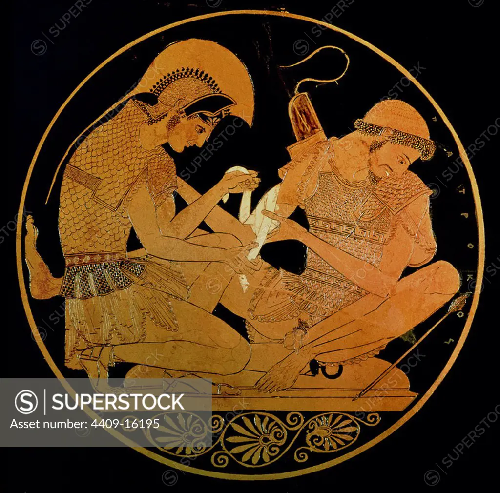 CUP OF SOSIAS - "AQUILES BANDAGES THE WOUND OF PATROCLUS" - CERAMIC GREEK - 5th CENTURY BCE - REDRAWED BY C. FERNANDEZ. Author: SOSIAS (VASE PAINTER). Location: CHARLOTTENBURG. BERLIN. GERMANY. ACHILLES. PATROKLOS.