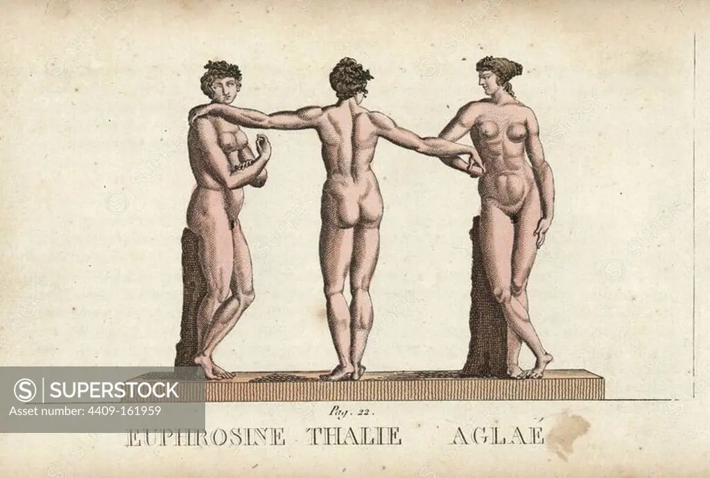 The three graces of Greek mythology: Thalia goddess of festivities, Euphrosyne goddess of joy, and Aglaea goddess of beauty. Handcoloured copperplate engraving engraved by Jacques Louis Constant Lacerf after illustrations by Leonard Defraine from "La Mythologie en Estampes" (Mythology in Prints, or Figures of Fabled Gods), Chez P. Blanchard, Paris, c.1820.