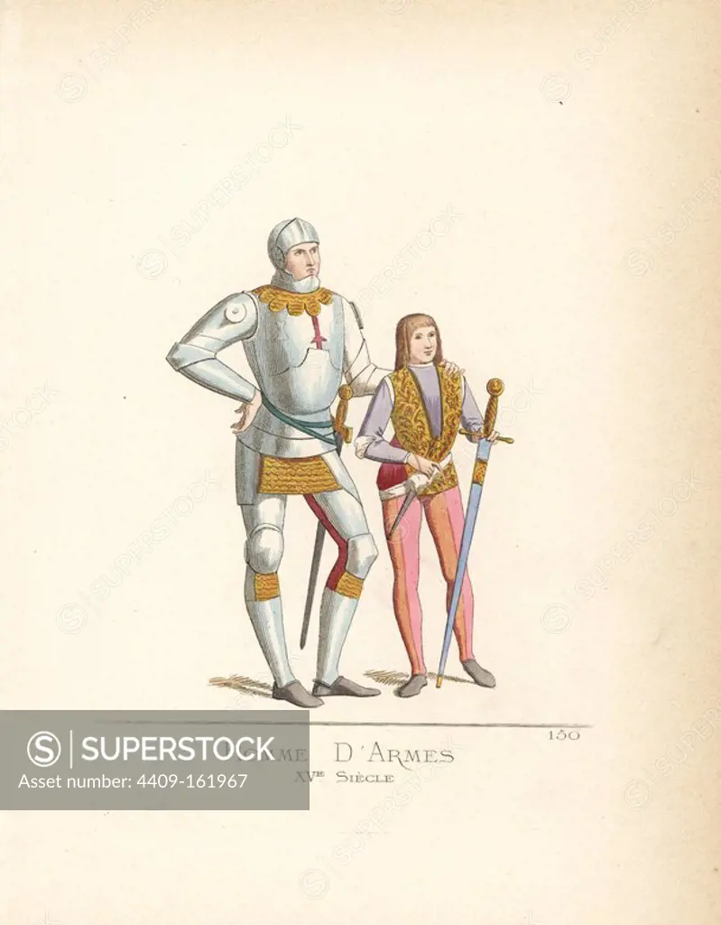 Man of arms of the 15th century. He wears a helmet and suit of steel plate armour with gold chainmail joints. His young page in tunic and stockings holds a sword in a blue scabbard. From a painting by Pinturicchio in the Basilica of the Holy Cross in Jerusalem, Rome. Handcoloured illustration drawn and lithographed by Paul Mercuri with text by Camille Bonnard from "Historical Costumes from the 12th to 15th Centuries," Levy Fils, Paris, 1861.