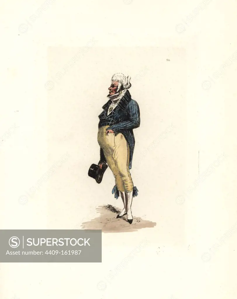 Costume of a bourgeois man. He carries an English hat, an old felt Tudor with its plumes removed. He wears a perruque (wig), redingote with wide lapels, small gilet (waistcoat) over a white shirt, and high breeches. Handcoloured etching by Auguste Etienne Guillaumot Jr. from "Costumes of the Directory," Rouquette, Paris, 1875. The etchings were made from designs by Eugene Lacoste and Draner after prints of the era 1795-99. The costumes are from theatre productions "Merveilleuses" and "Pres Saint-Gervais" by Victorien Sardou.