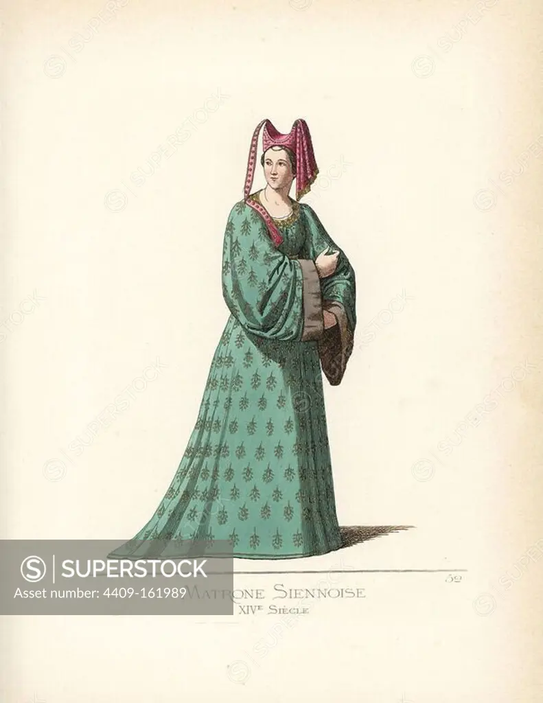 Woman of Siena, 14th century. She wears a violet peaked headdress with hanging veil, green dress with embroidered flowers and large fur-lined sleeves. From a painting by Francesco Vanni in the Academy of Fine Arts, Siena. Handcoloured illustration drawn and lithographed by Paul Mercuri with text by Camille Bonnard from "Historical Costumes from the 12th to 15th Centuries," Levy Fils, Paris, 1860.
