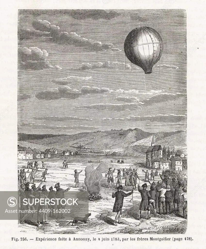 Air balloon flight in June 1783 by the Montgolfier brothers, Etienne and Joseph, at Annonay. Woodblock engraving by Lara after A. de la Fage from Louis Figuier's "Les Merveilles de la Science: Aerostats" (Marvels of Science: Air Balloons), Furne, Jouvet et Cie, Paris, 1868.