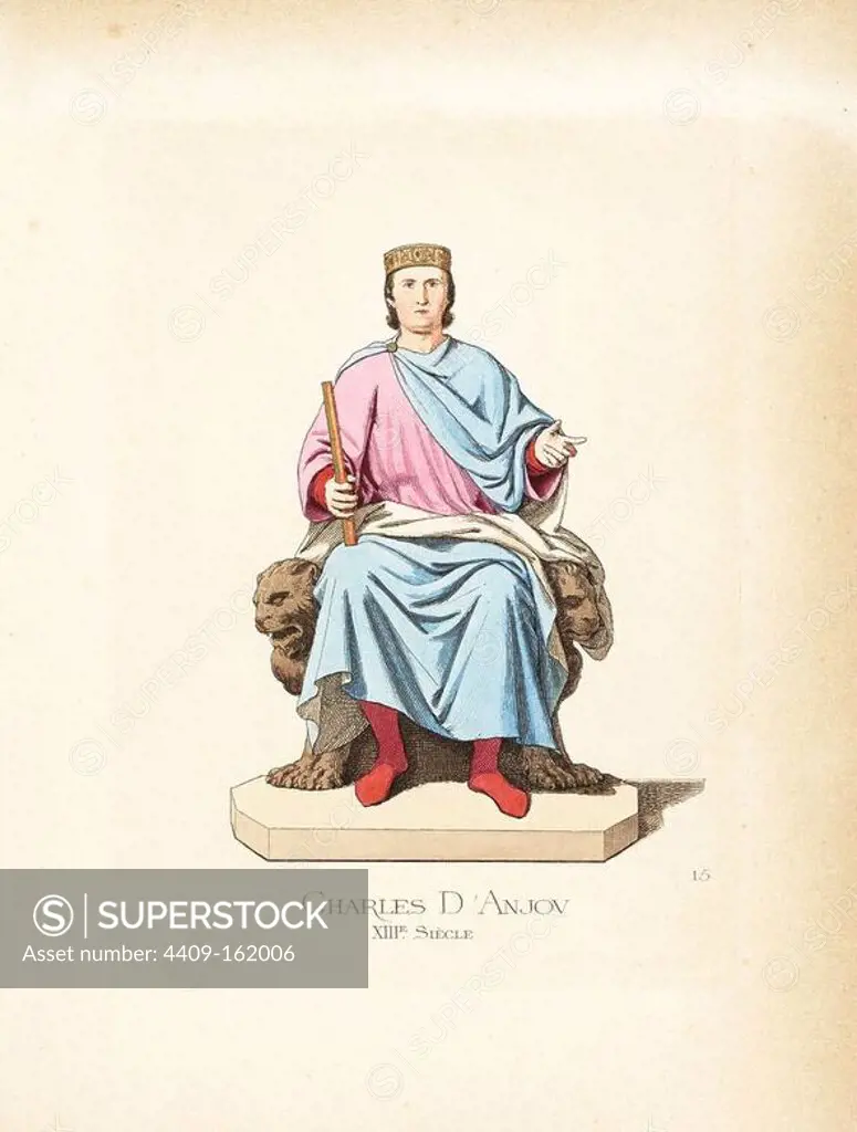 Charles of Anjou, Charles I of Naples, 12261285, at his investiture as senator of Rome. He wears a crown, chlamys fastened at the shoulder with a clasp, a pink tunic over a red doublet, and holds the capituli, the constitution of Rome. He is seated on a lion throne. From a statue by Nicolas Pisan (later attributed to Arnolfo di Cambio) in the Capitolini, Rome. Handcoloured illustration drawn and lithographed by Paul Mercuri with text by Camille Bonnard from "Historical Costumes from the 12th to 15th Centuries," Levy Fils, Paris, 1860.