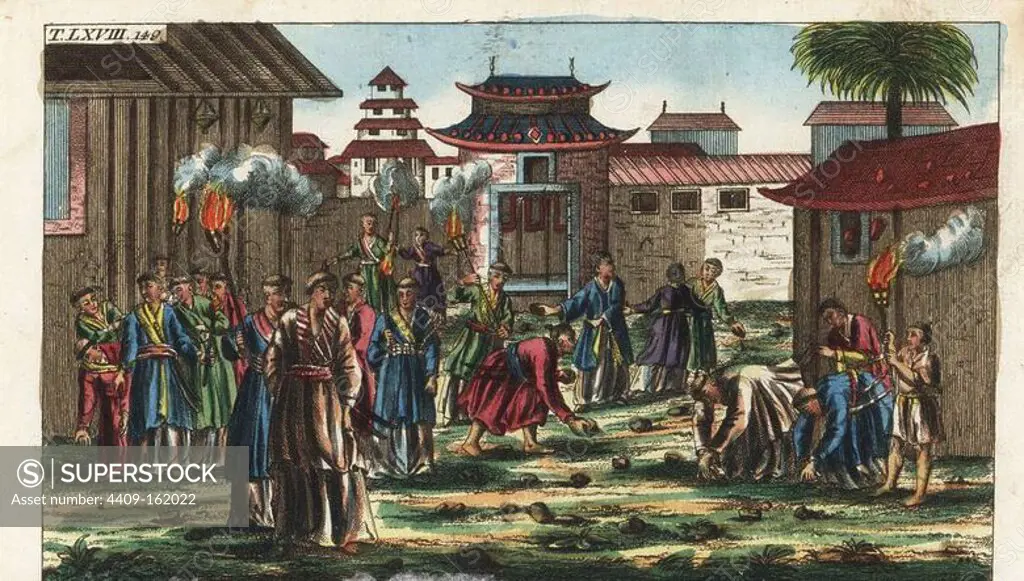 All Souls festival among the Japanese. A terrible rain of hailstones drives the souls back to the city. Handcolored copperplate engraving from G. T. Wilhelm's "Encyclopedia of Natural History: Mankind," Augsburg, 1804. Gottlieb Tobias Wilhelm (1758-1811) was a Bavarian clergyman and naturalist known as the German Buffon.