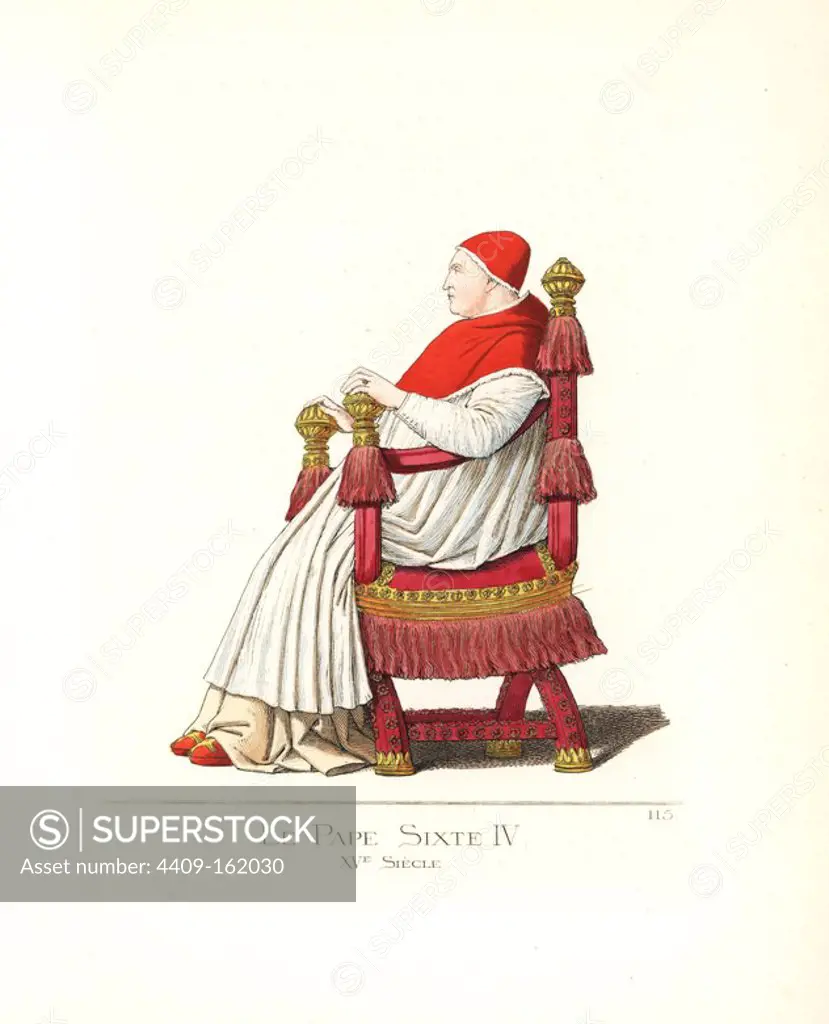 Pope Sixtus IV, (1414-1484), seated on a throne. He wears a bonnet and almuce in red wool trimmed with ermine, linen rochet, and a cassock of white wool. From a painting by Piero della Francesca in the Vatican. Handcoloured illustration drawn and lithographed by Paul Mercuri with text by Camille Bonnard from "Historical Costumes from the 12th to 15th Centuries," Levy Fils, Paris, 1861.