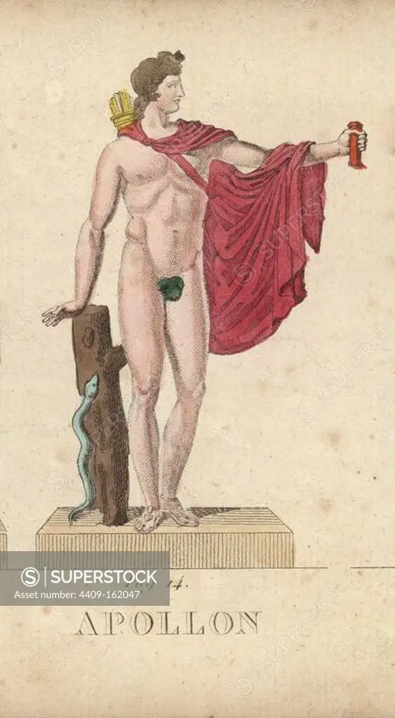 Apollo, Roman god of poetry and music, with figleaf, cape, lyre, quiver and python. Handcoloured copperplate engraving engraved by Jacques Louis Constant Lacerf after illustrations by Leonard Defraine from "La Mythologie en Estampes" (Mythology in Prints, or Figures of Fabled Gods), Chez P. Blanchard, Paris, c.1820.