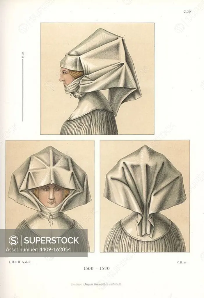 Woman in starched linen headdress known as a Sturz, front, back and side views, early 16th century. By a student of Albrecht Durer, in the University Library, Erlangen. Chromolithograph from Hefner-Alteneck's "Costumes, Artworks and Appliances from the Middle Ages to the 17th Century," Frankfurt, 1889. Illustration by Dr. Jakob Heinrich von Hefner-Alteneck, lithographed by C.B. Dr. Hefner-Alteneck (1811 - 1903) was a German museum curator, archaeologist, art historian, illustrator and etcher.
