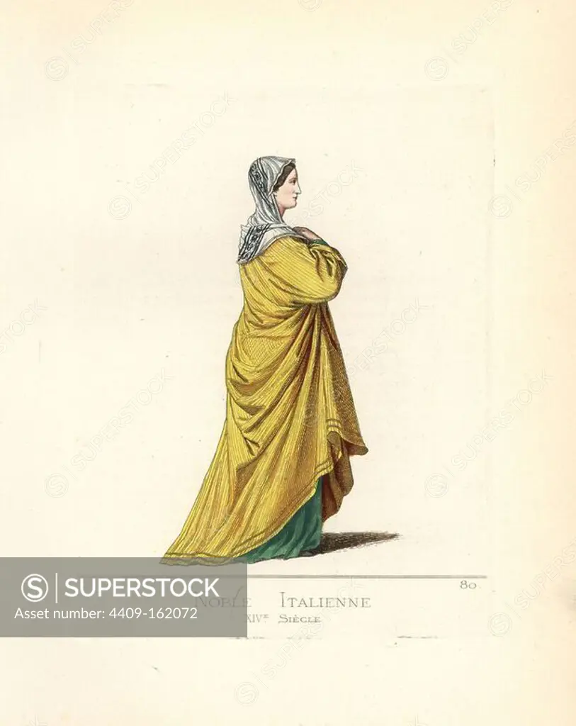 Italian noble woman, 14th century, in veil with black and gold embroidery, gold cape and green dress. From a picture in the Academie des Beaux-Arts at Siena. Handcoloured illustration drawn and lithographed by Paul Mercuri with text by Camille Bonnard from "Historical Costumes from the 12th to 15th Centuries," Levy Fils, Paris, 1861.