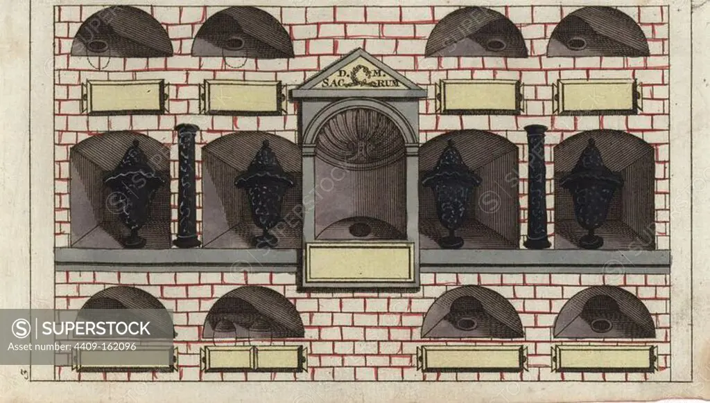 Roman columbarium full of cinerary urns. Handcolored copperplate engraving from G. T. Wilhelm's "Encyclopedia of Natural History: Mankind," Augsburg, 1804. Gottlieb Tobias Wilhelm (1758-1811) was a Bavarian clergyman and naturalist known as the German Buffon.