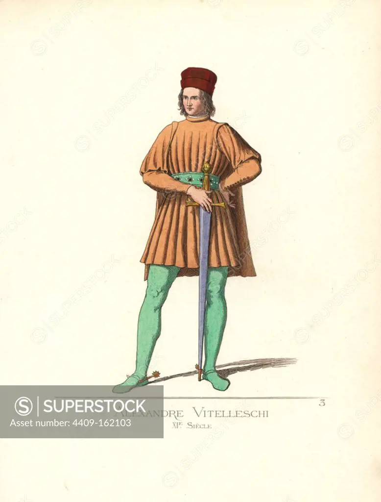 Alexandre Vitelleschi, imperial knight and count palatine, 11th century. Anachronistic costume of cape and tunic in burnt siena, red toque, lead-coloured stockings, gold spurs. From a 14th century sepulchral monument in Corneto. Handcoloured illustration drawn and lithographed by Paul Mercuri with text by Camille Bonnard from "Historical Costumes from the 12th to 15th Centuries," Levy Fils, Paris, 1860.