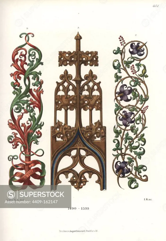 Ornament of the late 15th, early 16th centuries. Gothic ornament A, and scrollwork from a miniature missal with the name of the artist, Georg Stirleyn B,C. Chromolithograph from Hefner-Alteneck's "Costumes, Artworks and Appliances from the Middle Ages to the 17th Century," Frankfurt, 1889. Illustration by Dr. Jakob Heinrich von Hefner-Alteneck, lithographed by I.K. Dr. Hefner-Alteneck (1811 - 1903) was a German museum curator, archaeologist, art historian, illustrator and etcher.