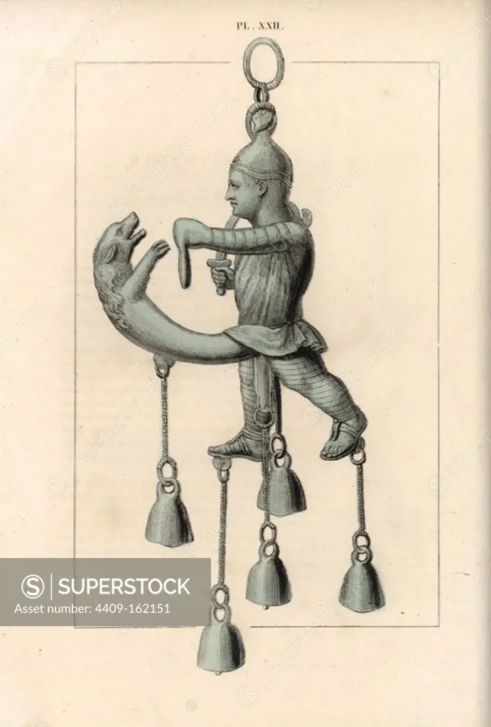 Votive amulet in the form of a retiarius (gladiator) with dagger and net fighting a wild animal that emerges from his erect phallus. The amulet has five tintinnabula (bells) on it. Handcoloured lithograph from Cesar Famin's "Musee royal de Naples (The Royal Museum at Naples)," Abel Ledoux, Paris, 1836. This rare volume is a catalog of the collection of erotic paintings, bronzes and statues excavated in Pompeii and Herculaneum and stored in a Secret Cabinet at Naples.