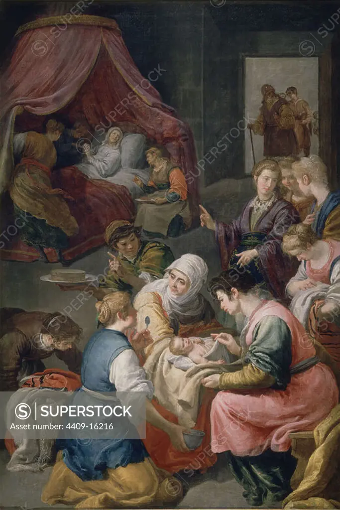 The Birth of the Virgin - ca. 1642 - 180x122 cm - oil on canvas - Spanish Baroque - NP 860. Author: JUSEPE LEONARDO DE CHAVACIER (1601-1652). Location: MUSEO DEL PRADO-PINTURA. MADRID. SPAIN. VIRGIN MARY. SANTA ANA MADRE DE LA VIRGEN MARIA. SAINT ELIZABETH. SAN JOAQUIN-PADRE DE LA VIRGEN MARIA.