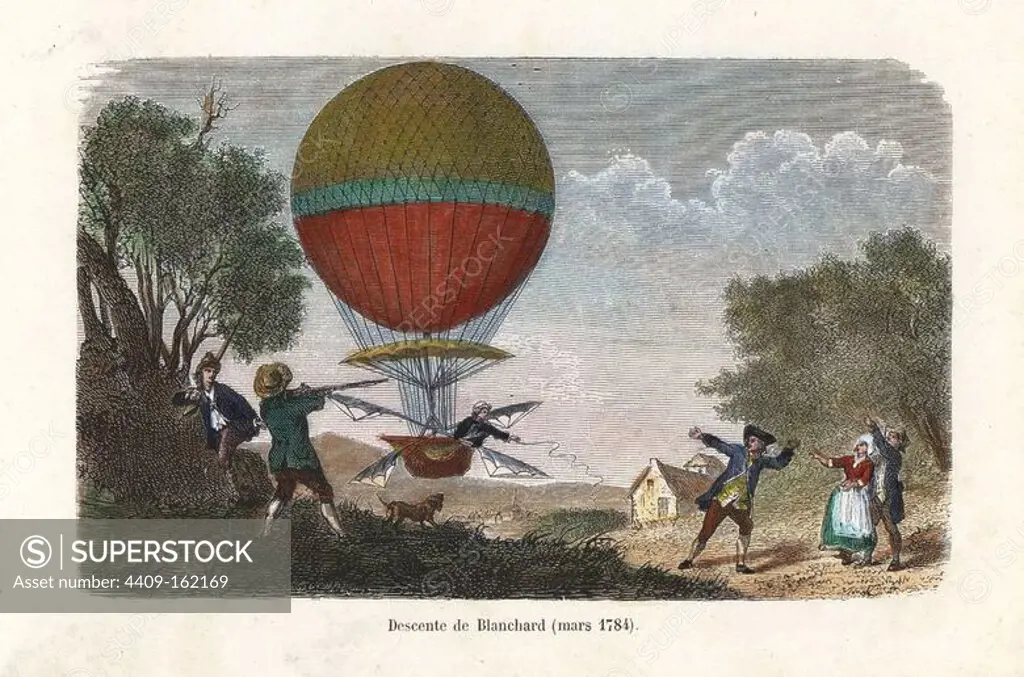 Descent of Jean-Pierre Blanchard's hydrogen balloon, 2 March 1784, near Paris. Balloon with parachute and flapping wings. Handcolored engraving from Louis Figuier's "Merveilles de la Science: Les Aerostats," Paris, 1870.