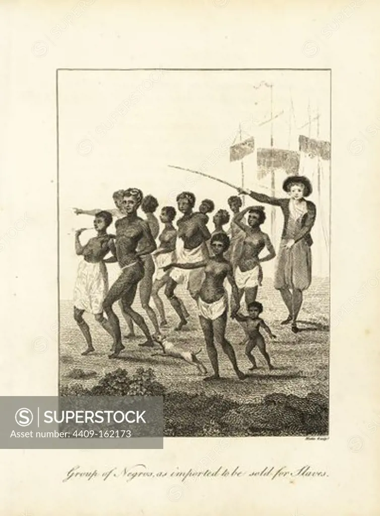 Group of Negros, as imported to be sold for Slaves. A Dutch soldier with sword marches mostly naked African men, women and children from the slave ship to auction. Copperplate engraving by William Blake after an original illustration by Captain John Gabriel Stedman from his "Narrative of a Five Years' Expedition against the Revolted Negroes of Surinam," J. Johnson, London, 1813.