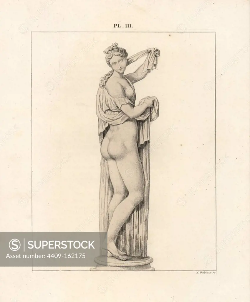 Statue of Venus Callipyge (beautiful hips) from the Farnese palace in Rome. Handcoloured lithograph by A. Delvaux from Cesar Famin's "Musee royal de Naples (The Royal Museum at Naples)," Abel Ledoux, Paris, 1836. This rare volume is a catalog of the collection of erotic paintings, bronzes and statues excavated in Pompeii and Herculaneum and stored in a Secret Cabinet at Naples.