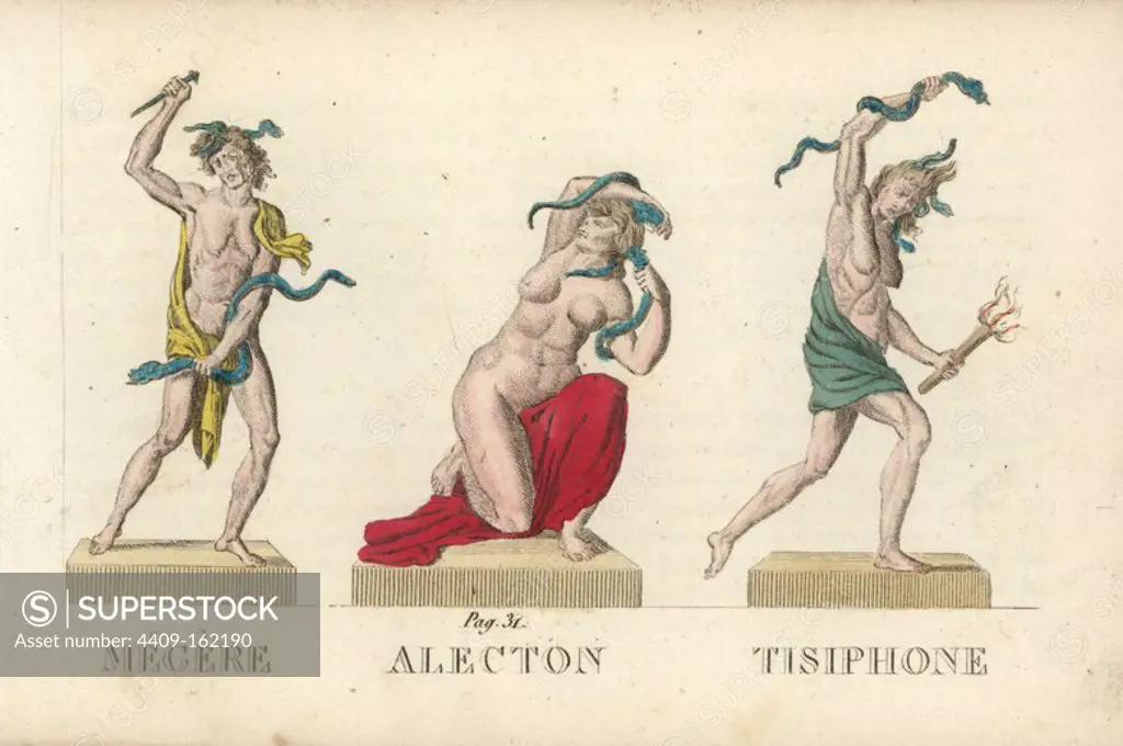 Megaera, Alecto and Tisiphone, the Greek Enrinyes or Roman Furies. Handcoloured copperplate engraving engraved by Jacques Louis Constant Lacerf after illustrations by Leonard Defraine from "La Mythologie en Estampes" (Mythology in Prints, or Figures of Fabled Gods), Chez P. Blanchard, Paris, c.1820.