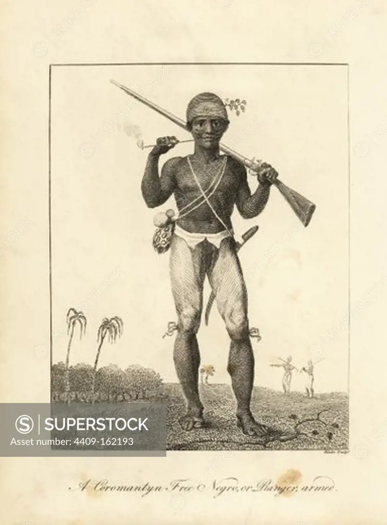A Coromantyn Free Negro or Ranger, armed. African man wearing only breeches and a bandana with 300 on it, holding a musket and smoking a pipe of tobacco. Copperplate engraving by William Blake after an original illustration by Captain John Gabriel Stedman from his "Narrative of a Five Years' Expedition against the Revolted Negroes of Surinam," J. Johnson, London, 1813.