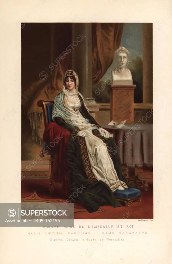 Marie Laetitia Ramolino, Napoleon Bonaparte's mother. She sits in a chair wearing an Empire gown, draped in a long velvet cape, her headdress a tiara with veil, next to a bust of Napoleon. Painting by Francois Gerard, chromolithograph by Mauler from Paul Lacroix's "Directoire, Consulat et Empire," Paris, 1884.