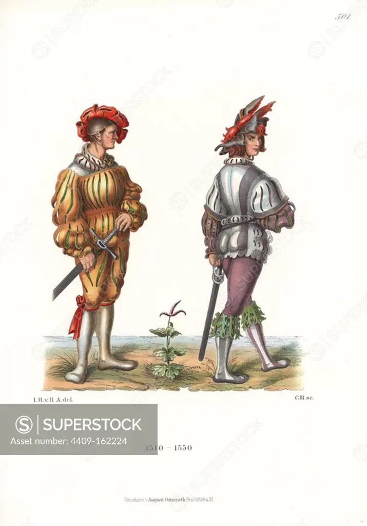 Costumes of Landsknechte or German mercenaries, first half of 16th century. They wear colourful, elaborately slashed and quilted clothes, codpiece, hat, ribbons and stockings. From an old coloured illustration in Mainz. Chromolithograph from Hefner-Alteneck's "Costumes, Artworks and Appliances from the Middle Ages to the 17th Century," Frankfurt, 1889. Illustration by Dr. Jakob Heinrich von Hefner-Alteneck, lithographed by C. Regnier. Dr. Hefner-Alteneck (1811-1903) was a German museum curator, archaeologist, art historian, illustrator and etcher.