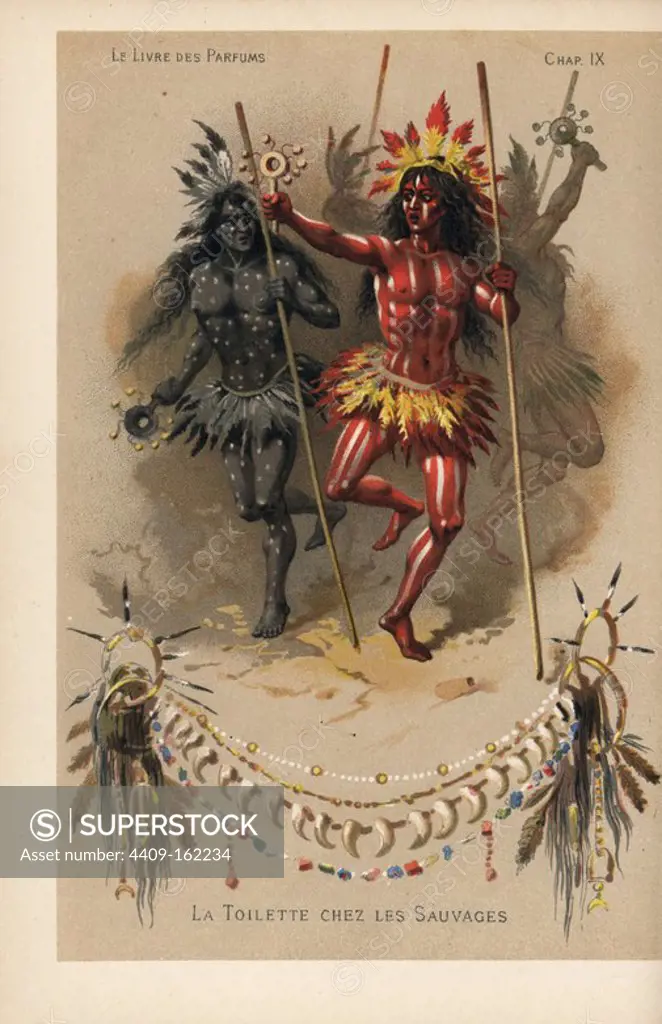The warpaint of the Native Americans. Souix or Pawnee men in full body paint with feather headdresses. Chromolithograph from Eugene Rimmel's Le Livre des Parfums, Paris, 1870.