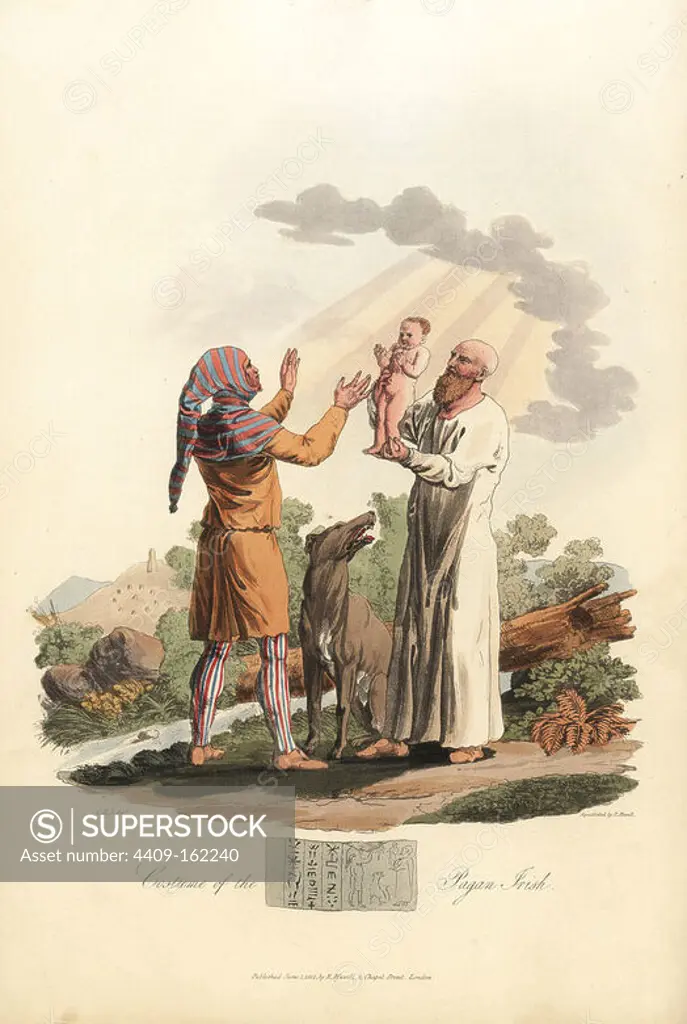 Costume of the Pagan Irish in the post-Roman era. The subject is an initiation ceremony into the Helio-arkite religion. Irish Druid priest hydramus, minister of the sea, in white stole, and herald bard in striped trousers (truise), tunic (cotaigh), and striped hood (cochal), with baby and Irish wolf-hound. In the background, a gowlan temple and barr-chean pillar. Handcoloured aquatint by R. Havell from an illustration by Charles Hamilton Smith from Samuel Meyrick's Costume of the Original Inhabitants of the British Islands, London, 1821.